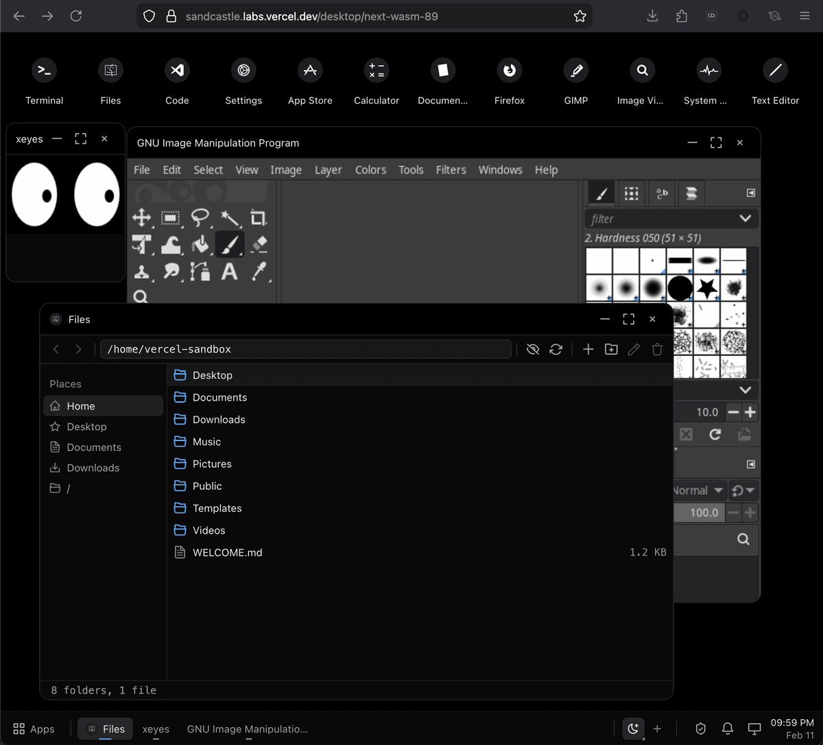 A screenshot of Sandcastle showing xeyes, GIMP, and a file explorer