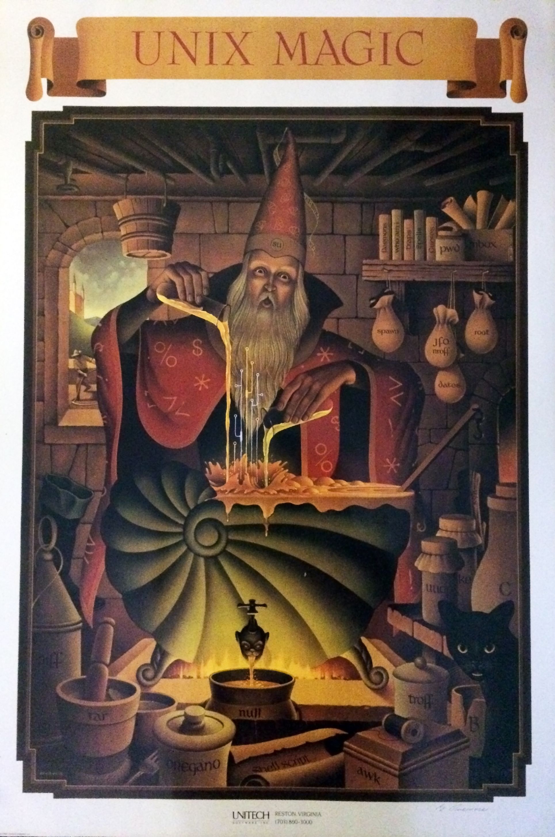 Unix Magic poster, a wizard crafting a potion surrounded by ingredients named after Unix tools