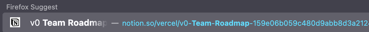 Screenshot of Firefox Suggestion matching the URL when I typed Team Roadmap
