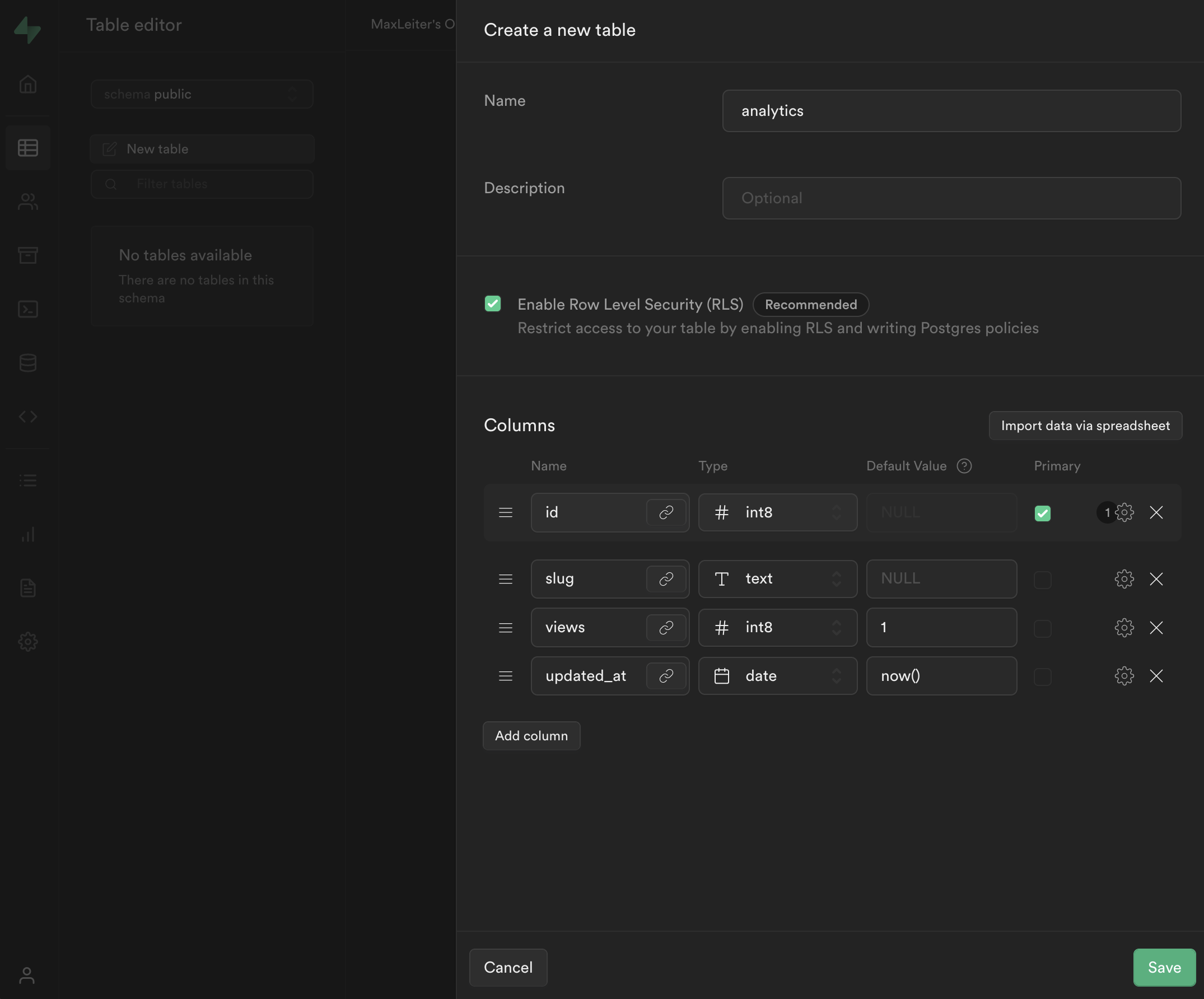 A screenshot of the new table field showing 4 columns: an int8 ID, a text slug, an int8 views with a default value of 1, and an updated_at date column with a default value of 