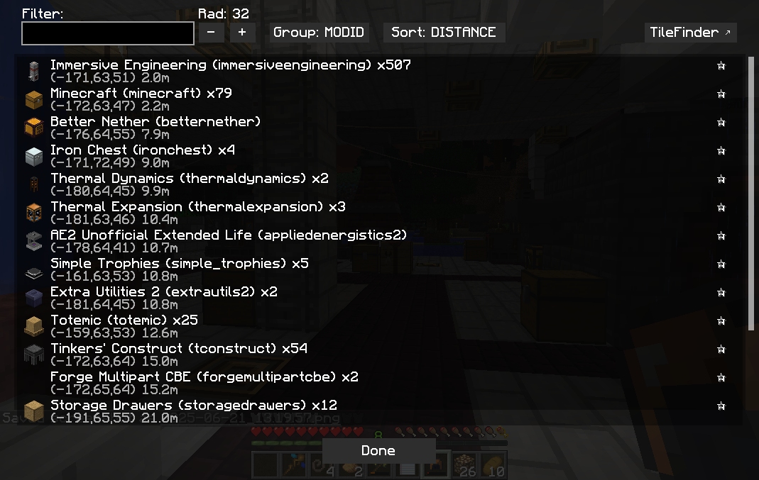 Screenshot of the TileFinder UI grouped by mod